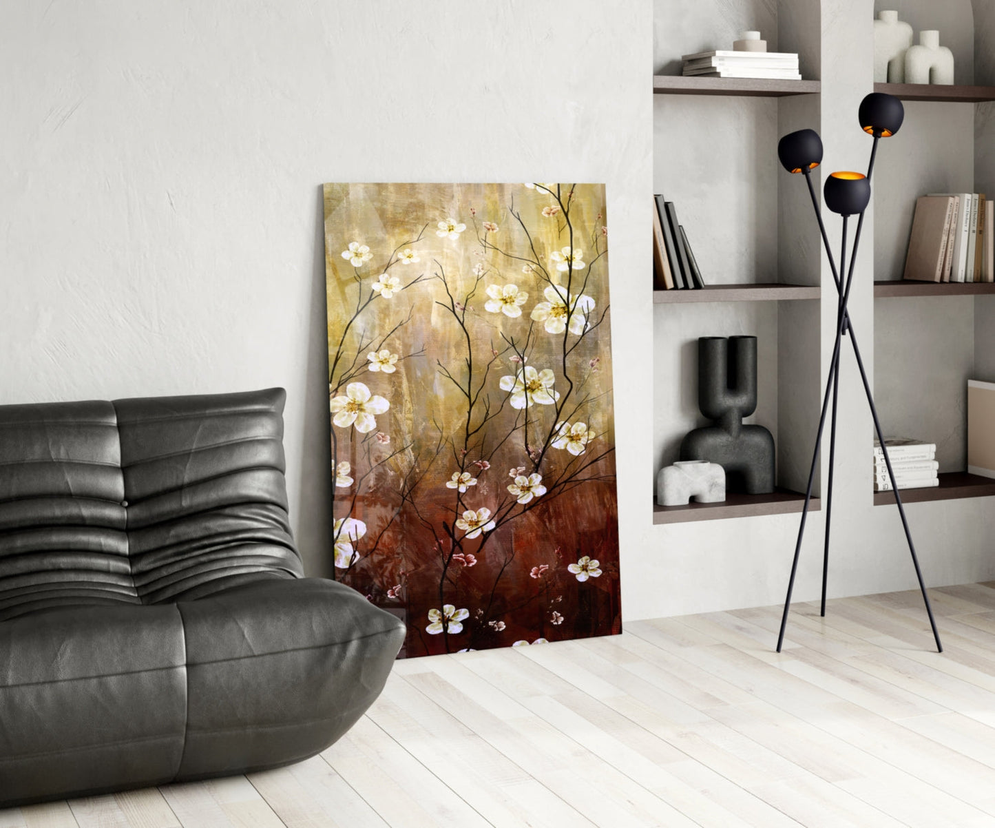 Amber Brown Blossom Branch Panel Glass Wall Art