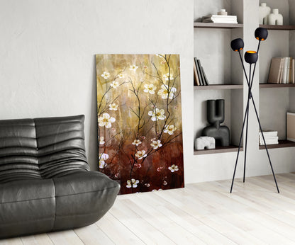 Amber Brown Blossom Branch Panel Glass Wall Art