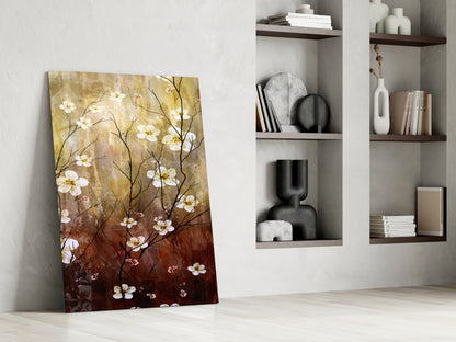 Amber Brown Blossom Branch Panel Glass Wall Art