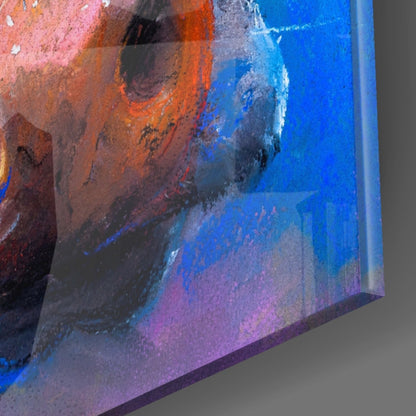 Close-up angled view of glass wall art featuring abstract cow head in pink, orange, blue, and purple hues with textured surface details.