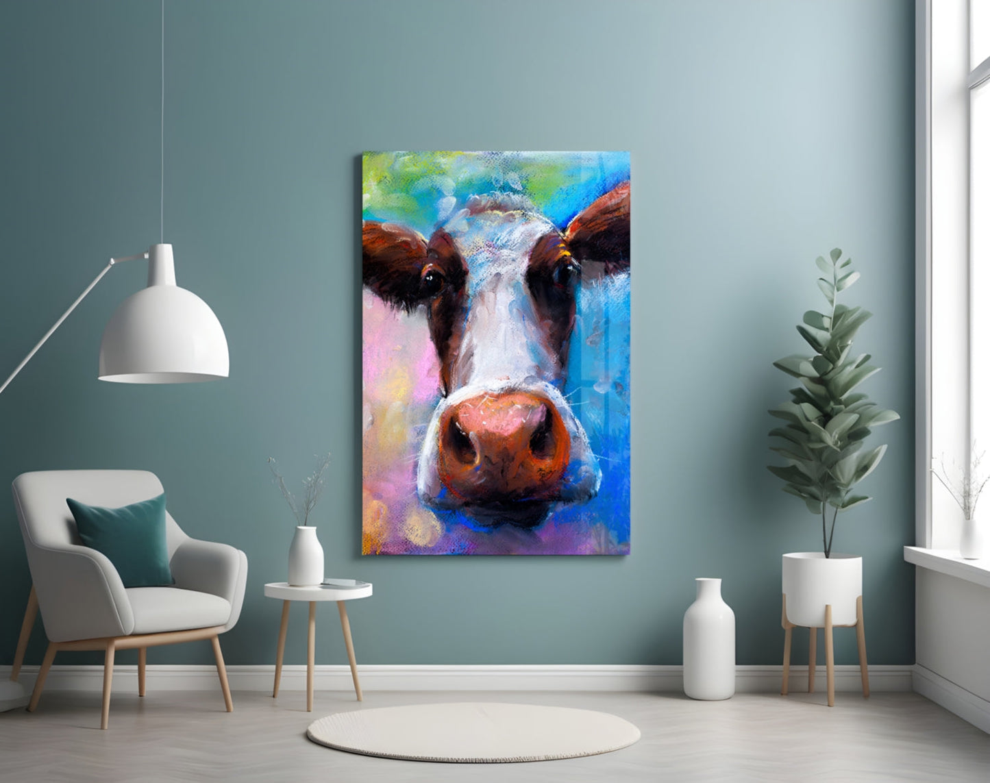 Colorful cow glass wall art hanging in modern living room with white furniture and teal walls.