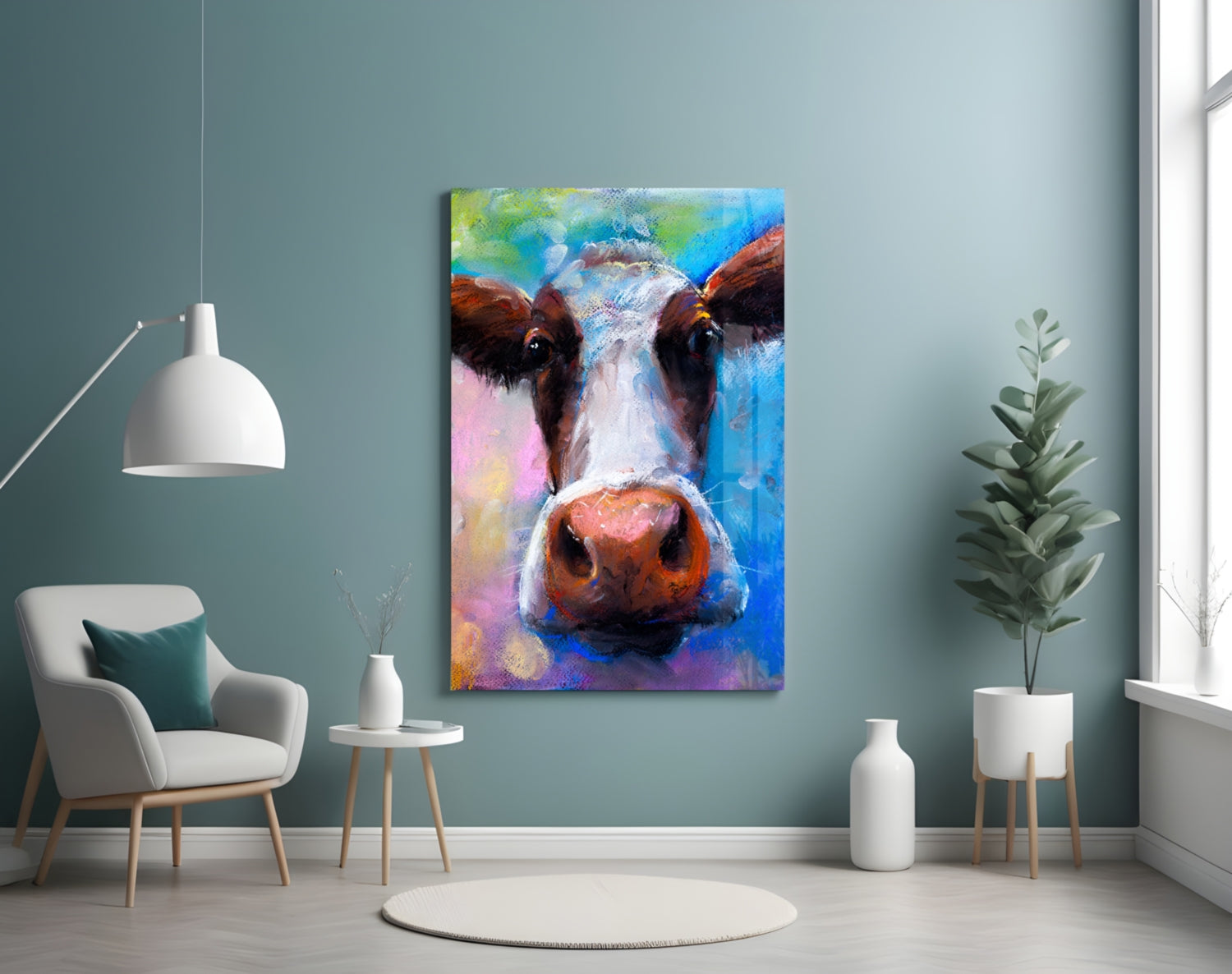 Colorful cow glass wall art hanging in modern living room with white furniture and teal walls.