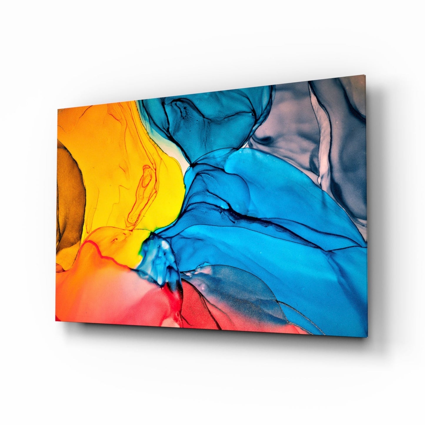 Blue and Orange Ink Flow Glass Wall Art