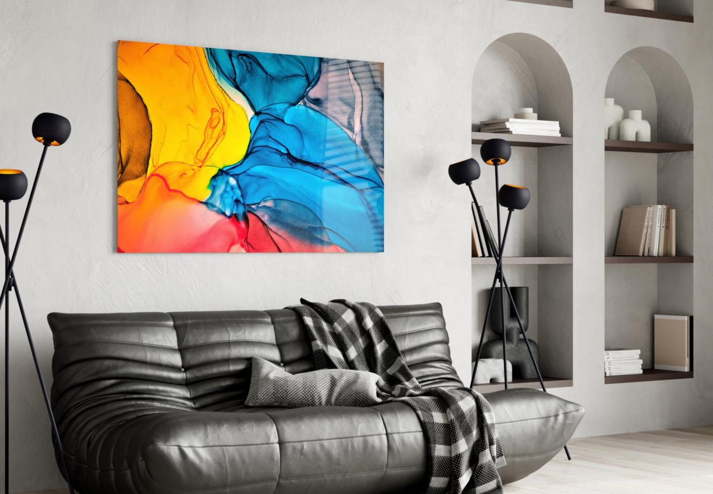 Blue and Orange Ink Flow Glass Wall Art