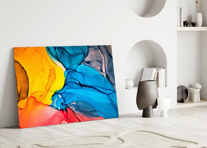 Blue and Orange Ink Flow Glass Wall Art