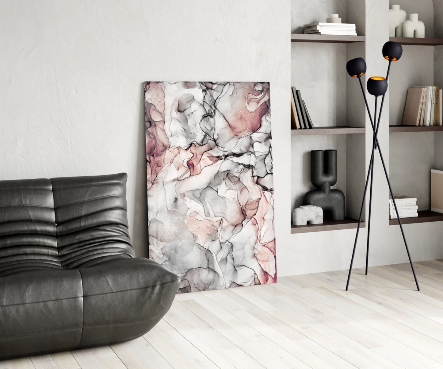 Blush Gray Ink Veins Glass Wall Art