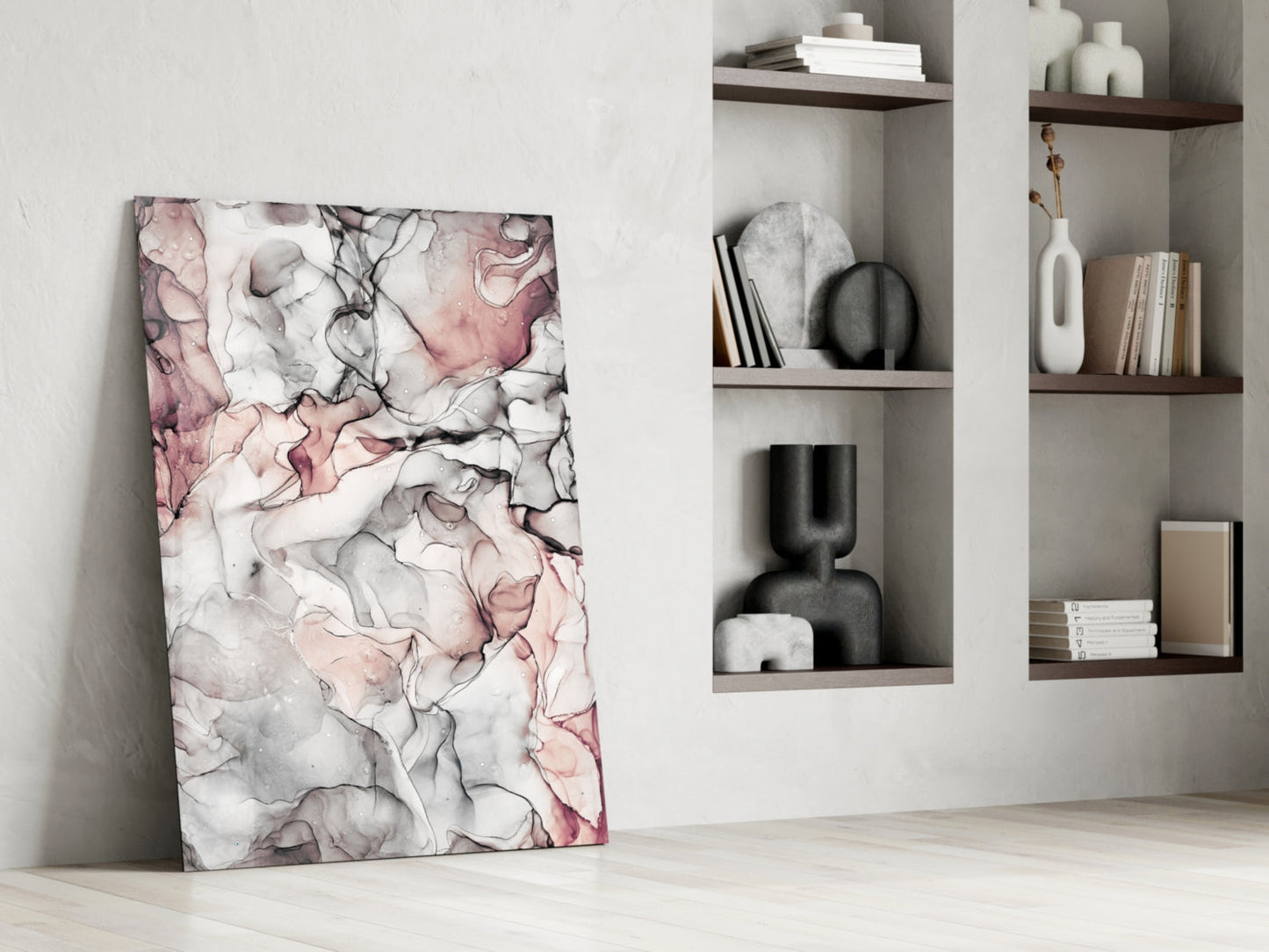 Blush Gray Ink Veins Glass Wall Art