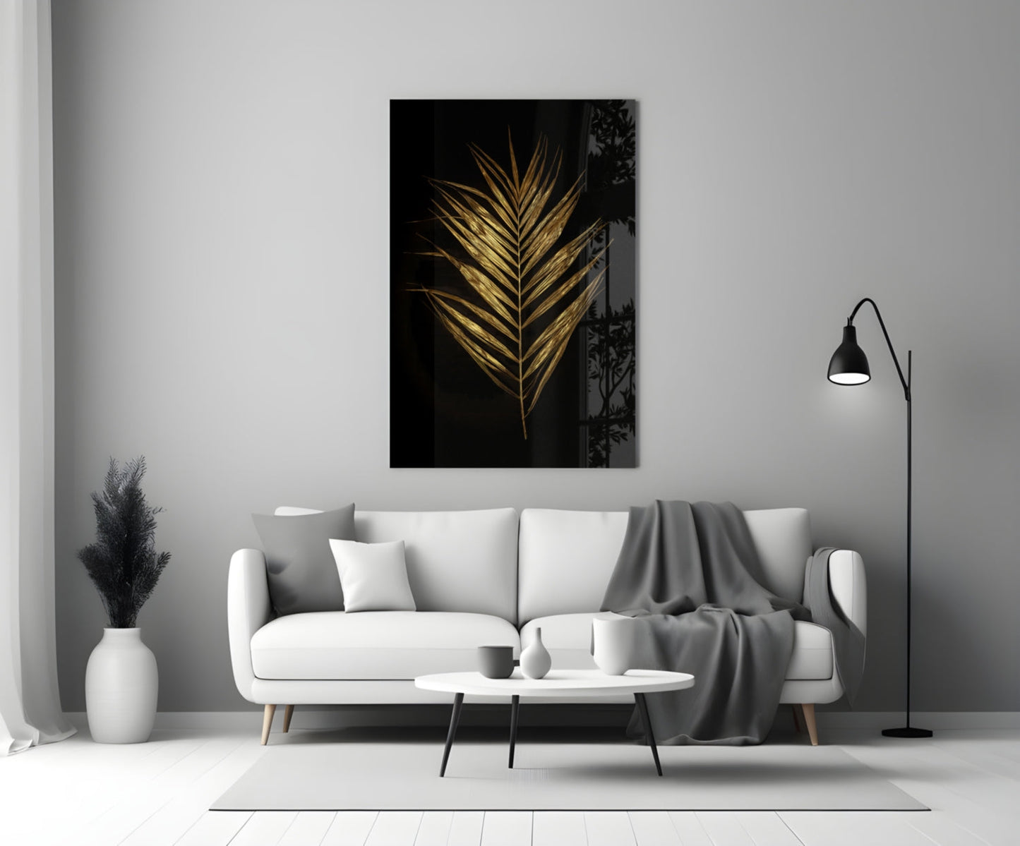 Golden Palm Leaf Black Glass Wall Art