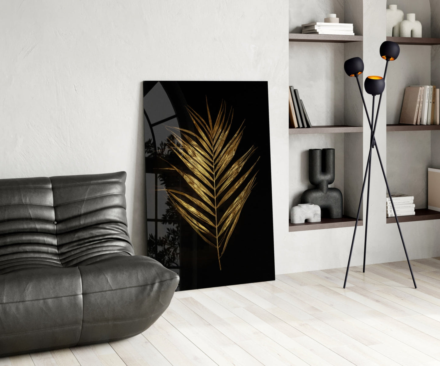 Golden Palm Leaf Black Glass Wall Art
