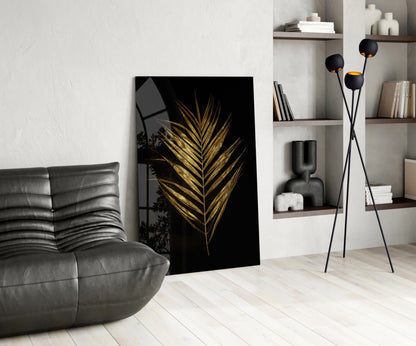 Golden Palm Leaf Black Glass Wall Art