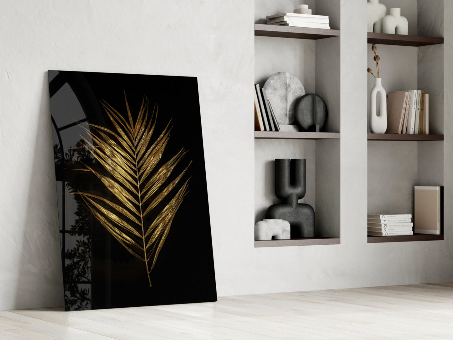 Golden Palm Leaf Black Glass Wall Art