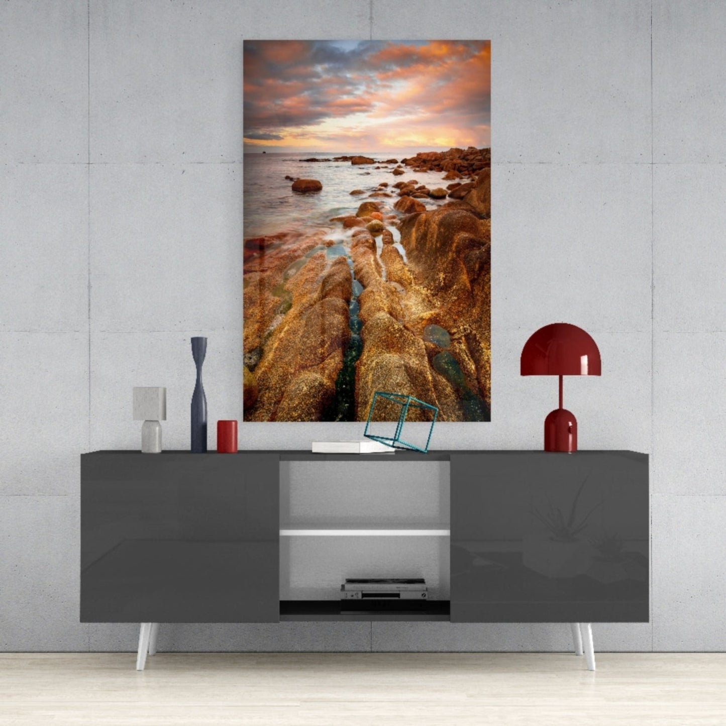Golden Rocky Coast At Sunset Glass Wall Art