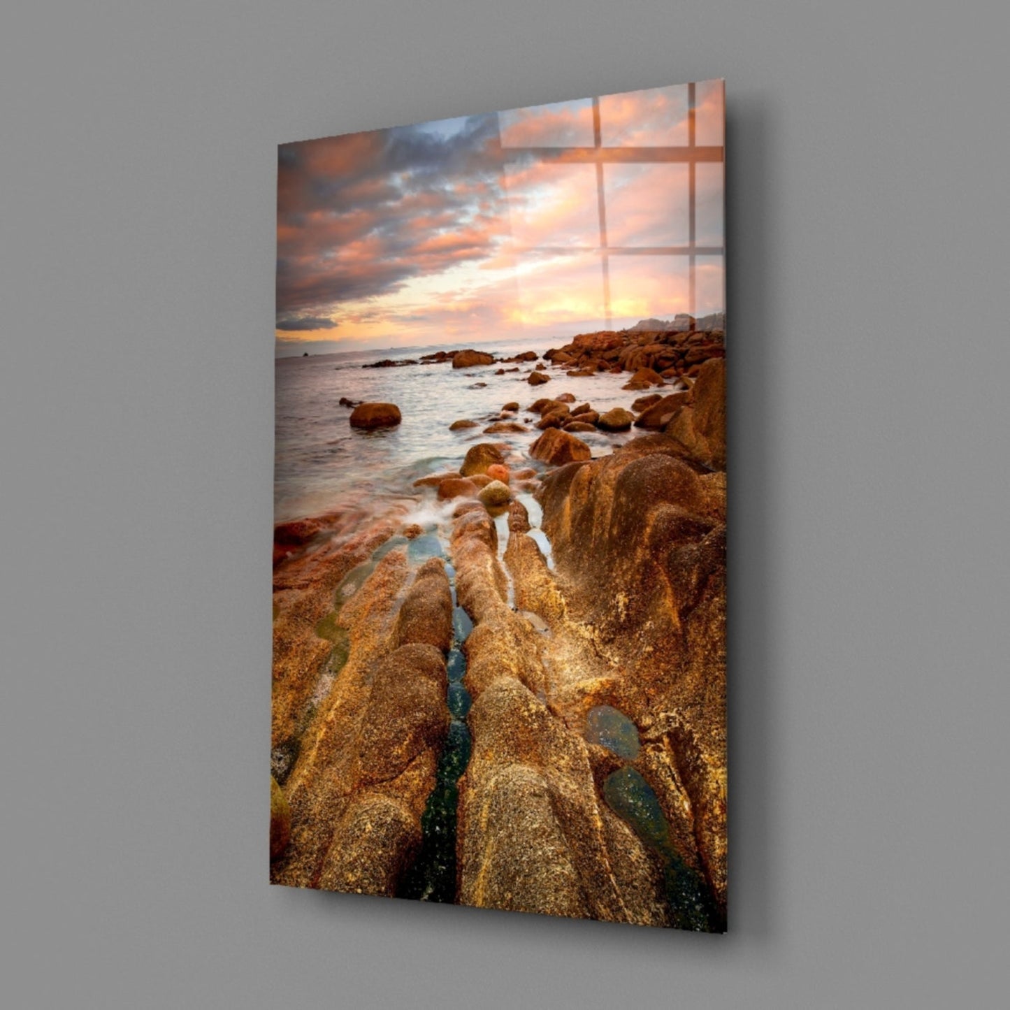 Golden Rocky Coast At Sunset Glass Wall Art