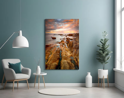 Golden Rocky Coast At Sunset Glass Wall Art