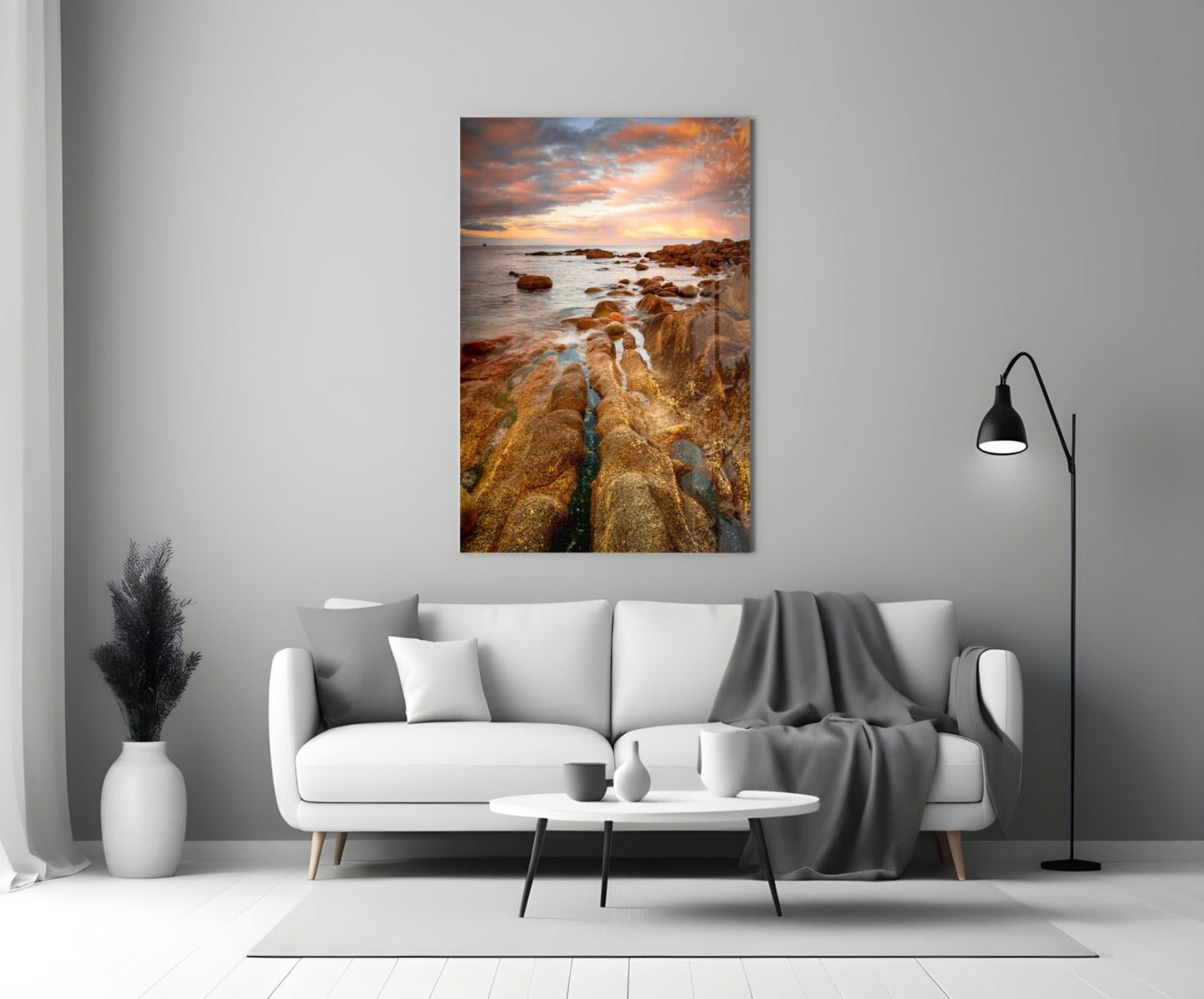 Golden Rocky Coast At Sunset Glass Wall Art