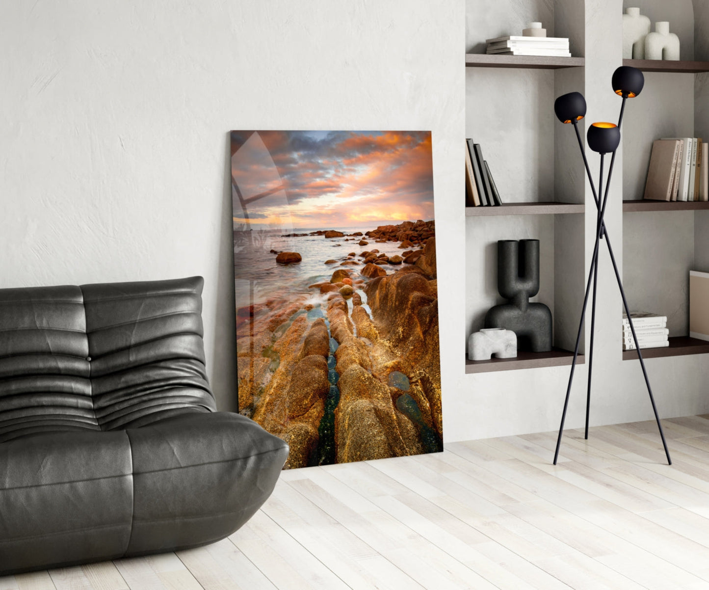 Golden Rocky Coast At Sunset Glass Wall Art