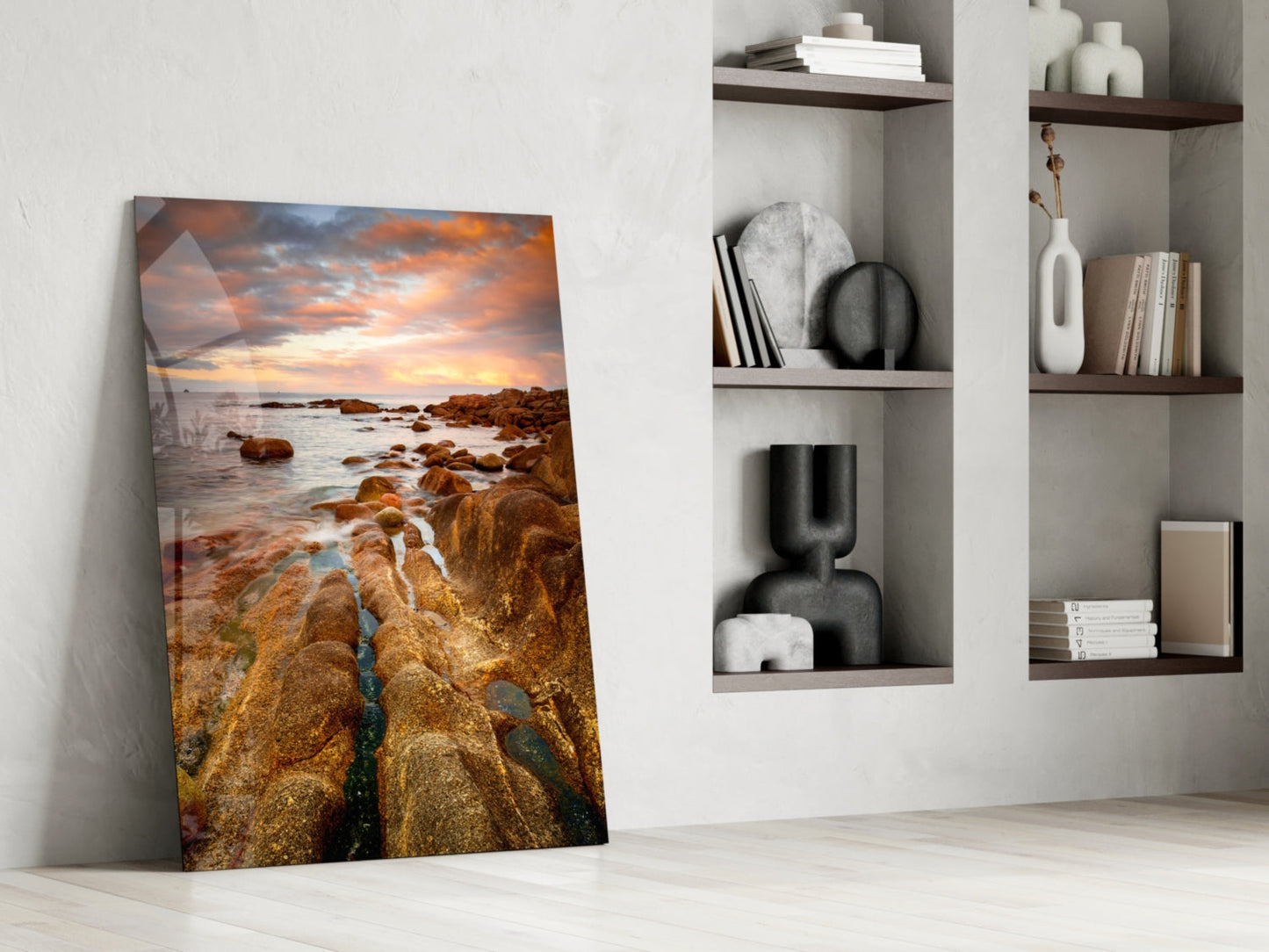 Golden Rocky Coast At Sunset Glass Wall Art
