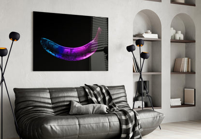 Neon Lit Banana on Black Glass Wall Art