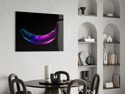Neon Lit Banana on Black Glass Wall Art