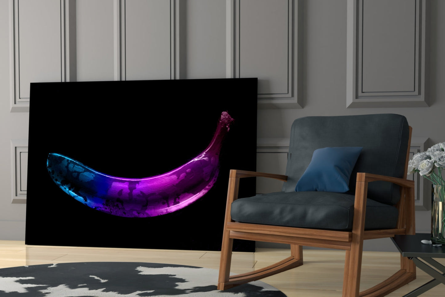 Neon Lit Banana on Black Glass Wall Art