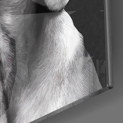 Close-up of textured glass wall art showing white and gray fur detail of dog's face and chest against dark background.