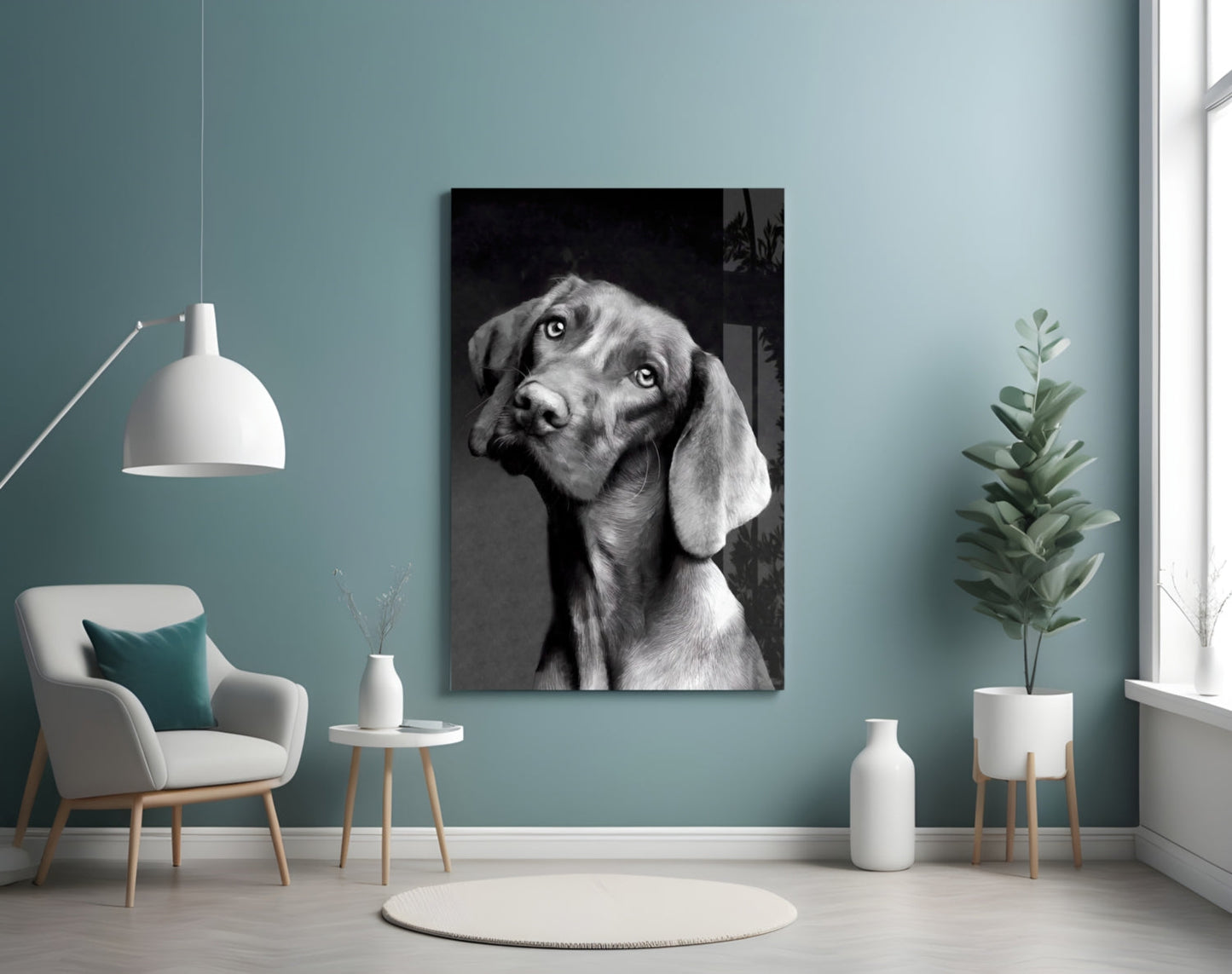 Black and white dog portrait glass wall art displayed in modern room with teal walls, white chair, and potted plants.