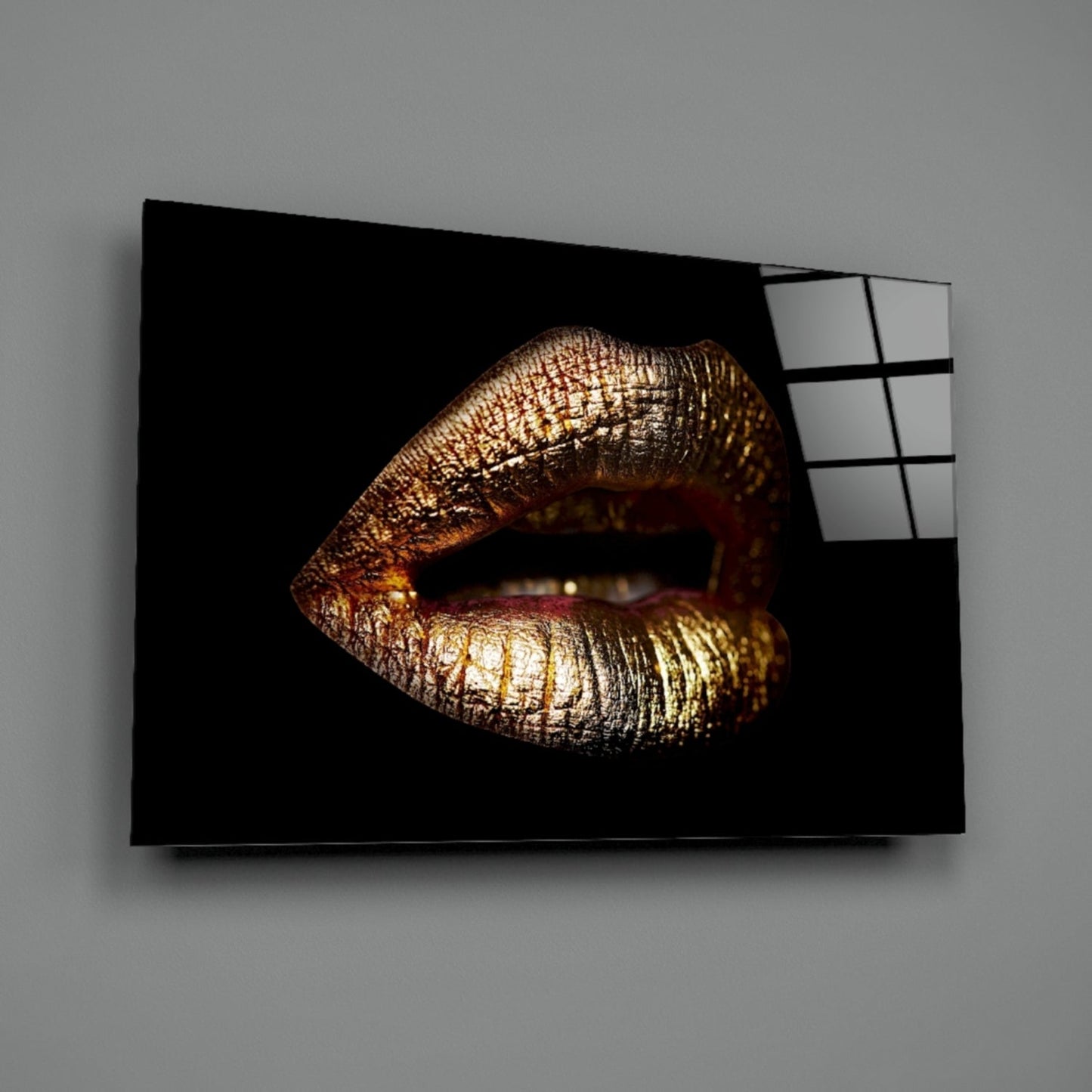 Golden Parted Lips on Black Glass Wall Art