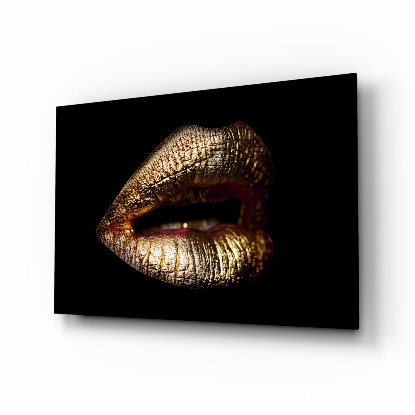 Golden Parted Lips on Black Glass Wall Art