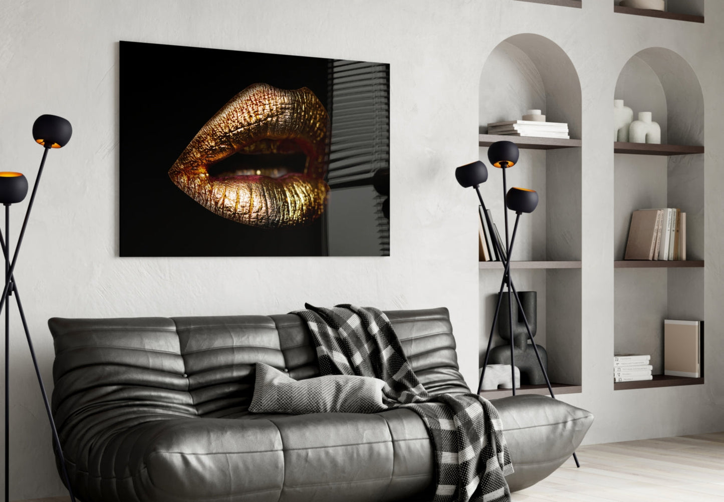 Golden Parted Lips on Black Glass Wall Art