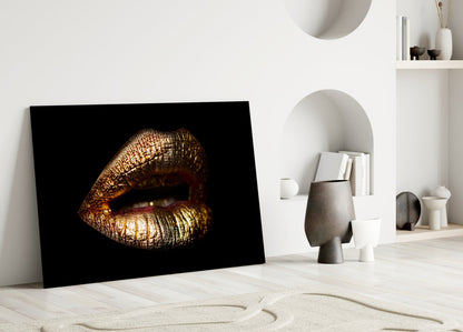Golden Parted Lips on Black Glass Wall Art