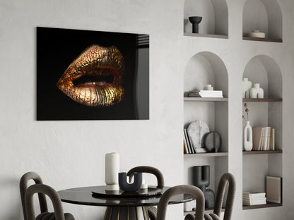 Golden Parted Lips on Black Glass Wall Art