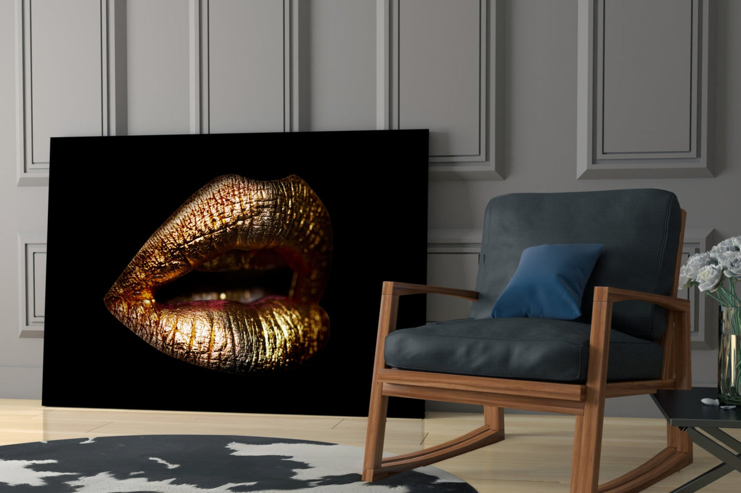 Golden Parted Lips on Black Glass Wall Art