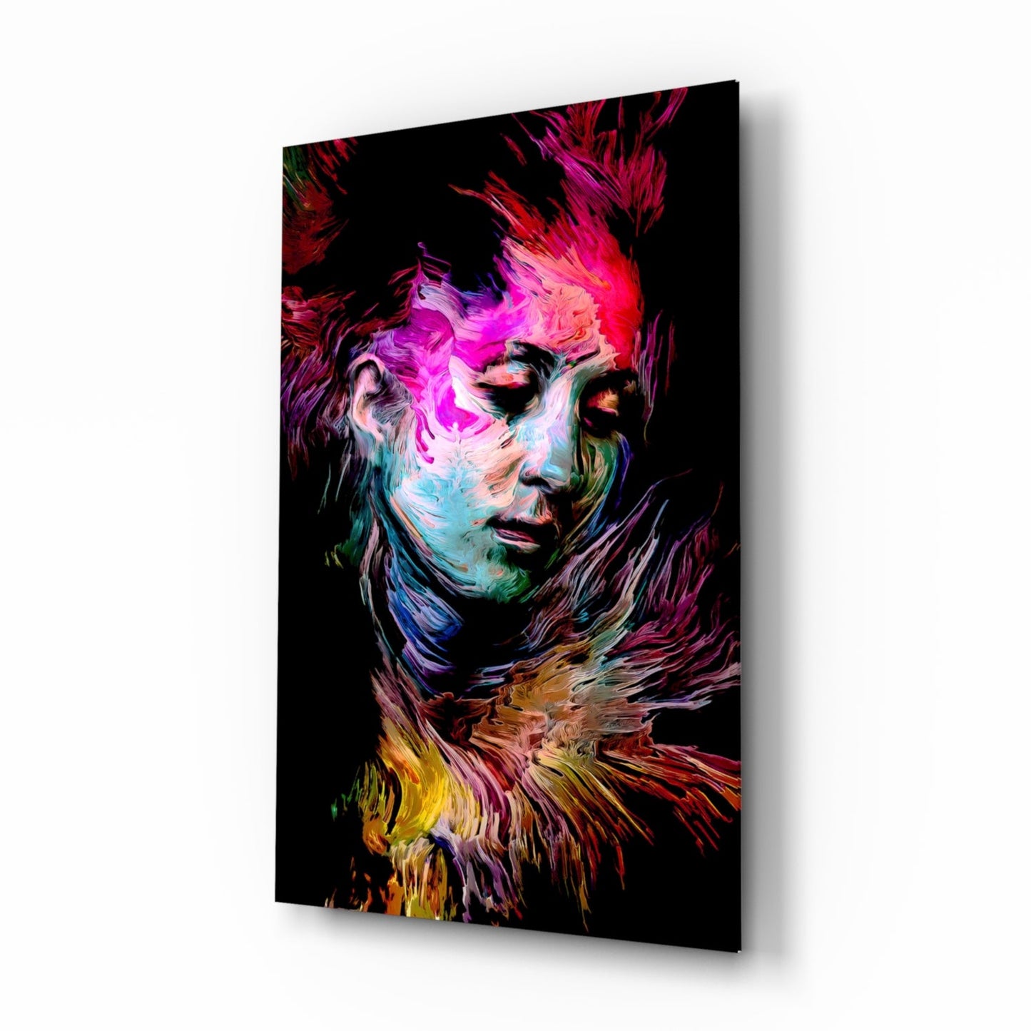 Neon Painted Woman Face Portrait Glass Wall Art