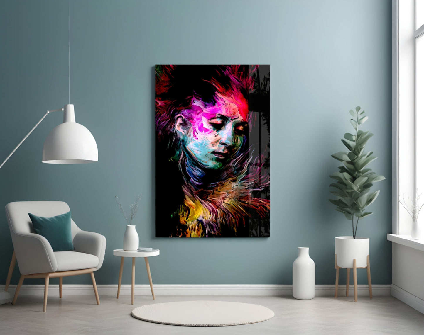 Neon Painted Woman Face Portrait Glass Wall Art