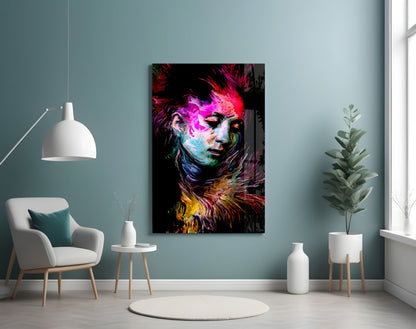 Neon Painted Woman Face Portrait Glass Wall Art