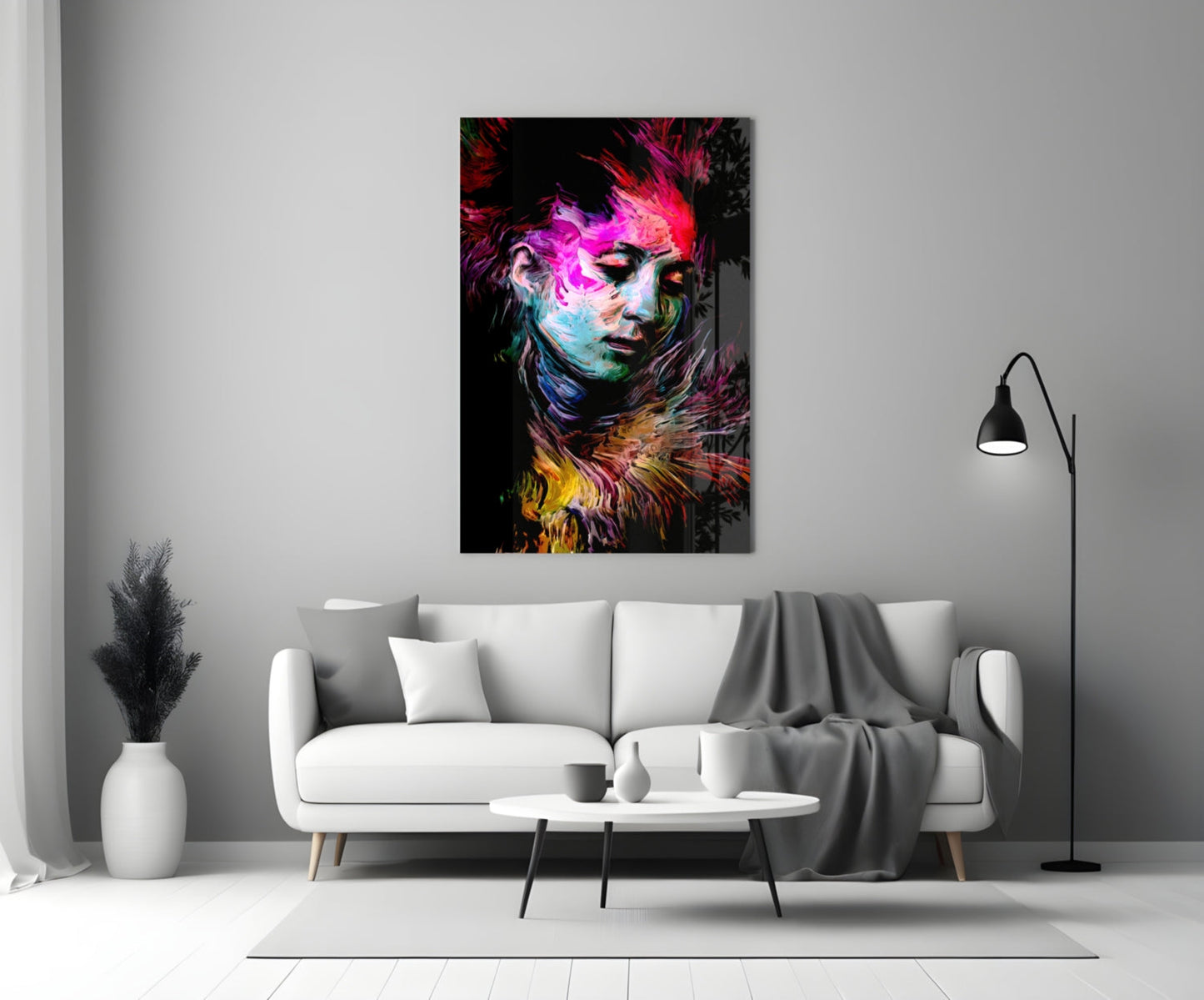 Neon Painted Woman Face Portrait Glass Wall Art