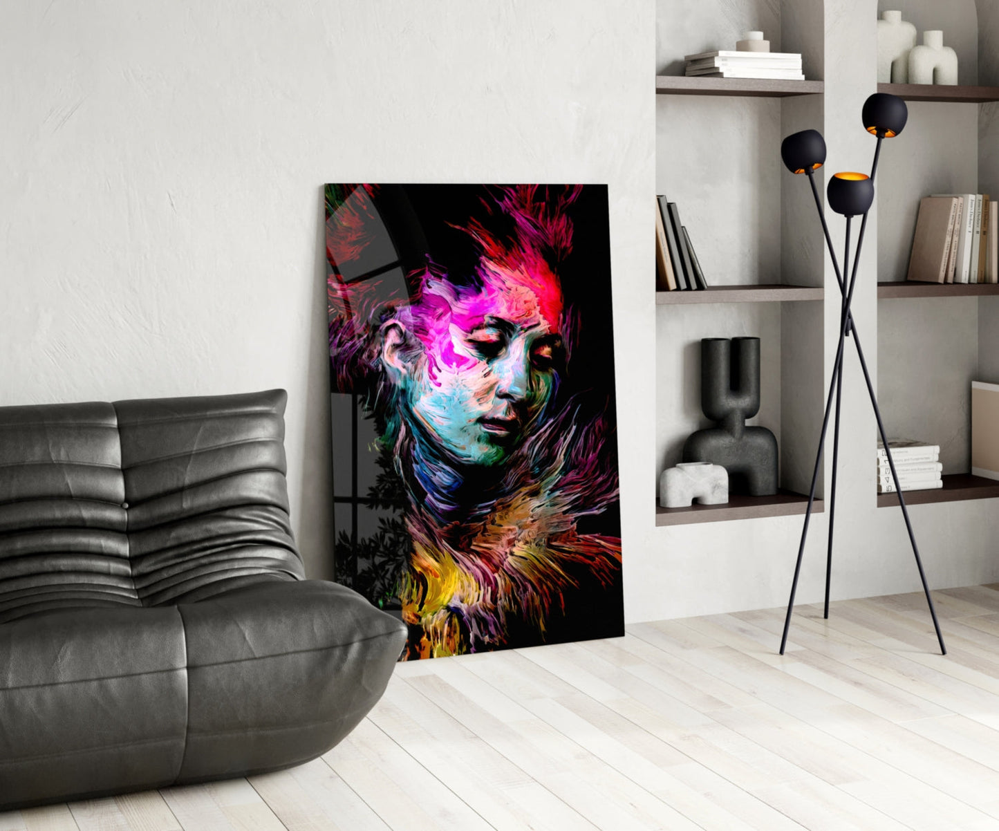 Neon Painted Woman Face Portrait Glass Wall Art
