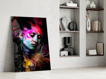 Neon Painted Woman Face Portrait Glass Wall Art