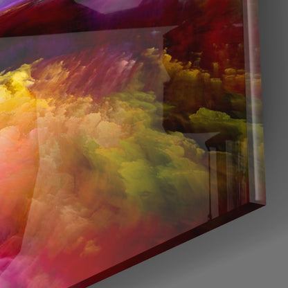 Angled side view of glass wall art displaying layered clouds in red, yellow, orange, and green gradient colors against gray background.