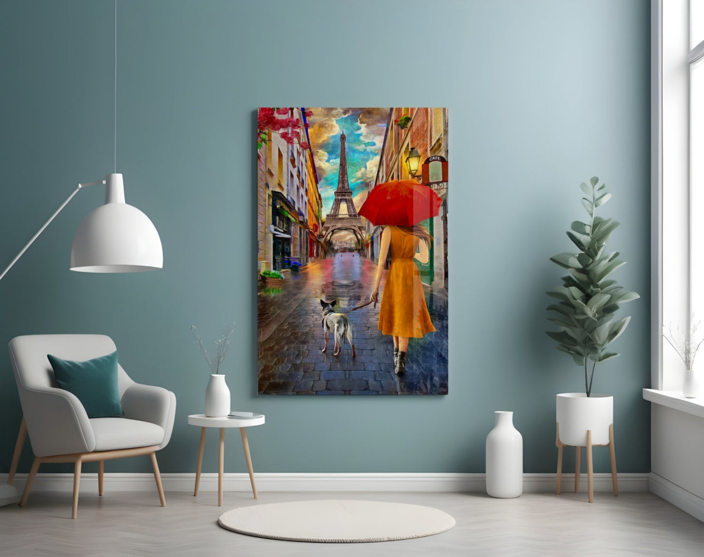 Orange Dress Woman Red Umbrella Paris Glass Wall Art