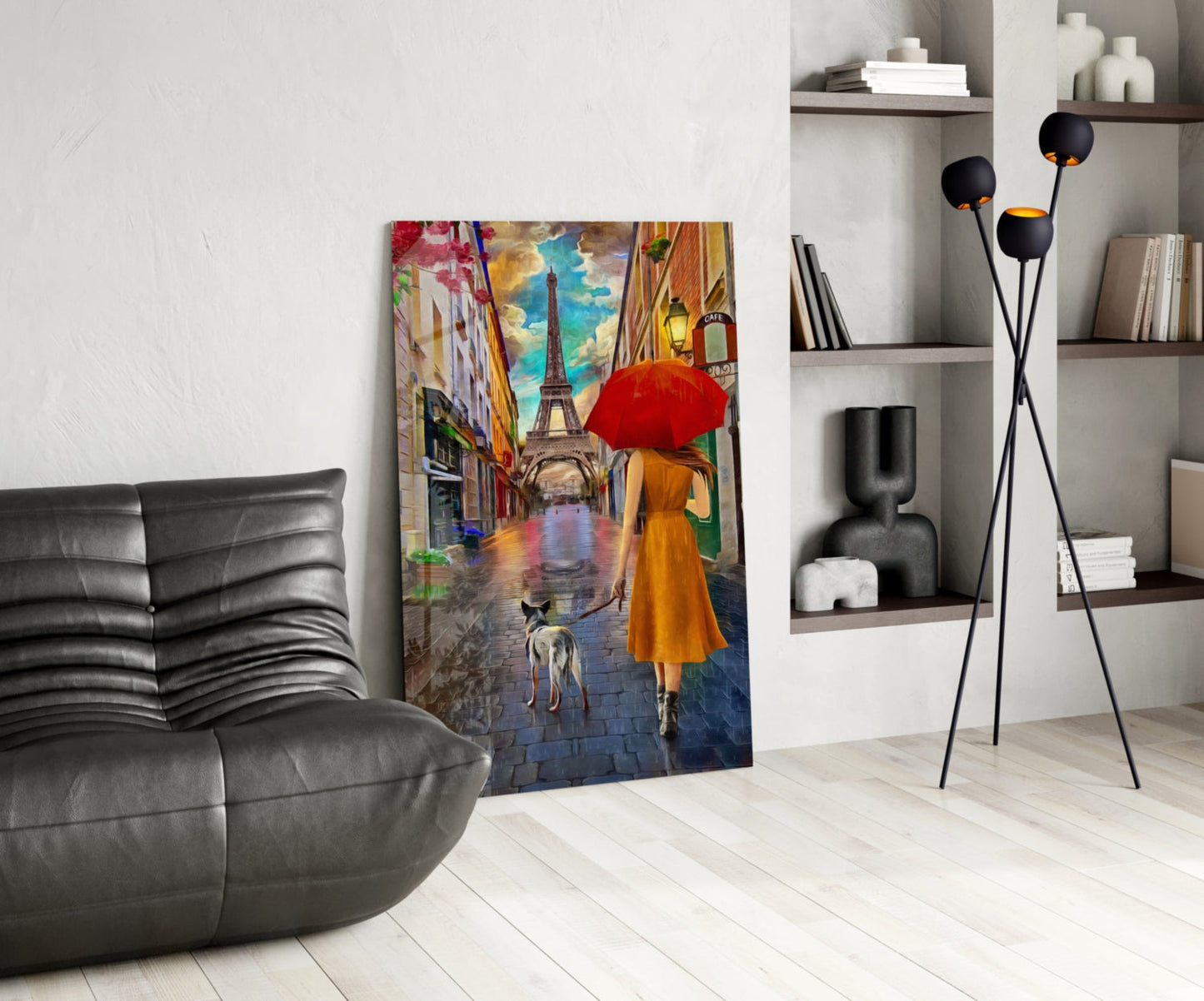Orange Dress Woman Red Umbrella Paris Glass Wall Art