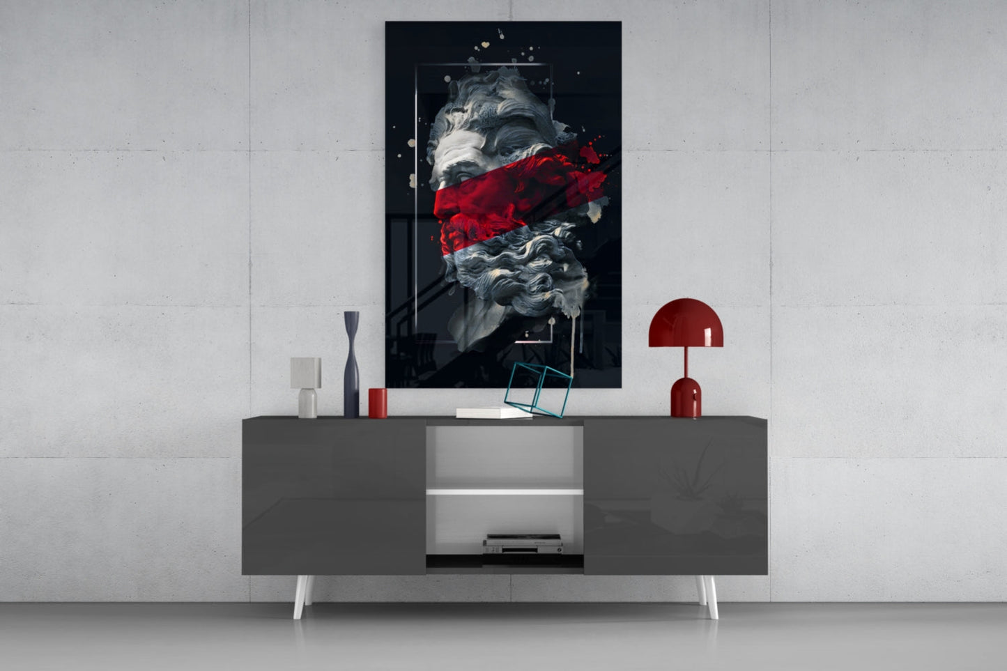 Crimson Paint Stripe Poseidon Bust Glass Wall Art