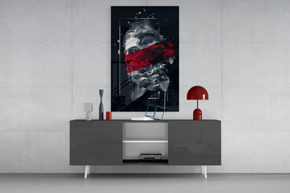 Crimson Paint Stripe Poseidon Bust Glass Wall Art