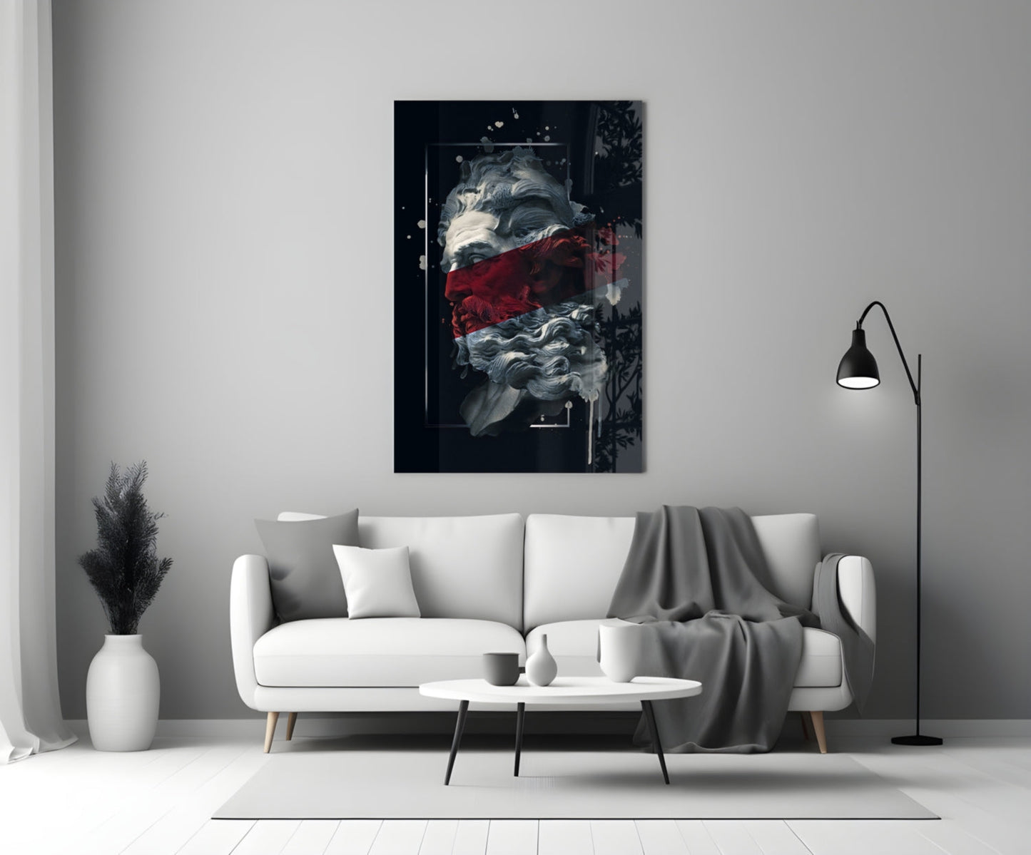 Crimson Paint Stripe Poseidon Bust Glass Wall Art