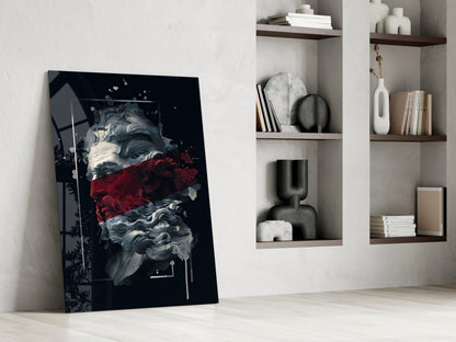 Crimson Paint Stripe Poseidon Bust Glass Wall Art