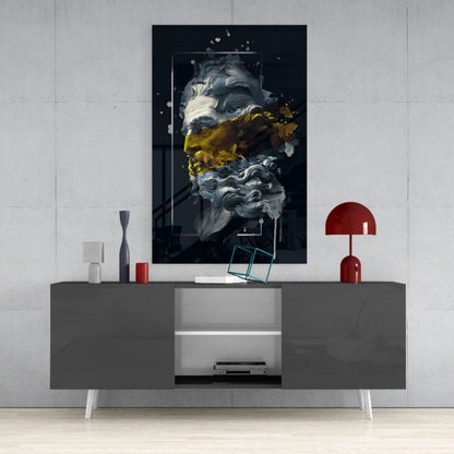 Gold Paint Stripe Poseidon Bust Glass Wall Art