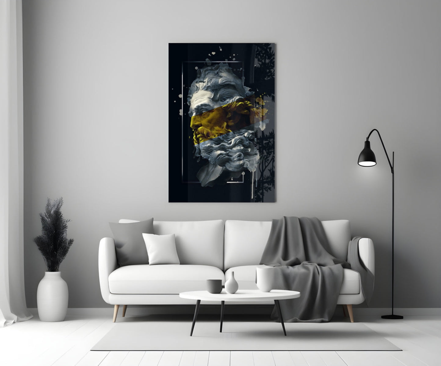Gold Paint Stripe Poseidon Bust Glass Wall Art