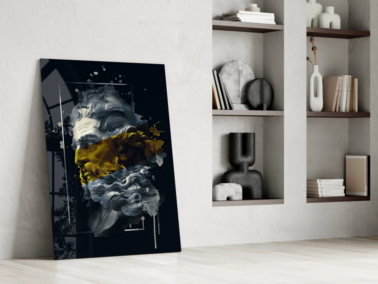 Gold Paint Stripe Poseidon Bust Glass Wall Art