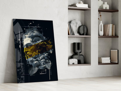 Gold Paint Stripe Poseidon Bust Glass Wall Art