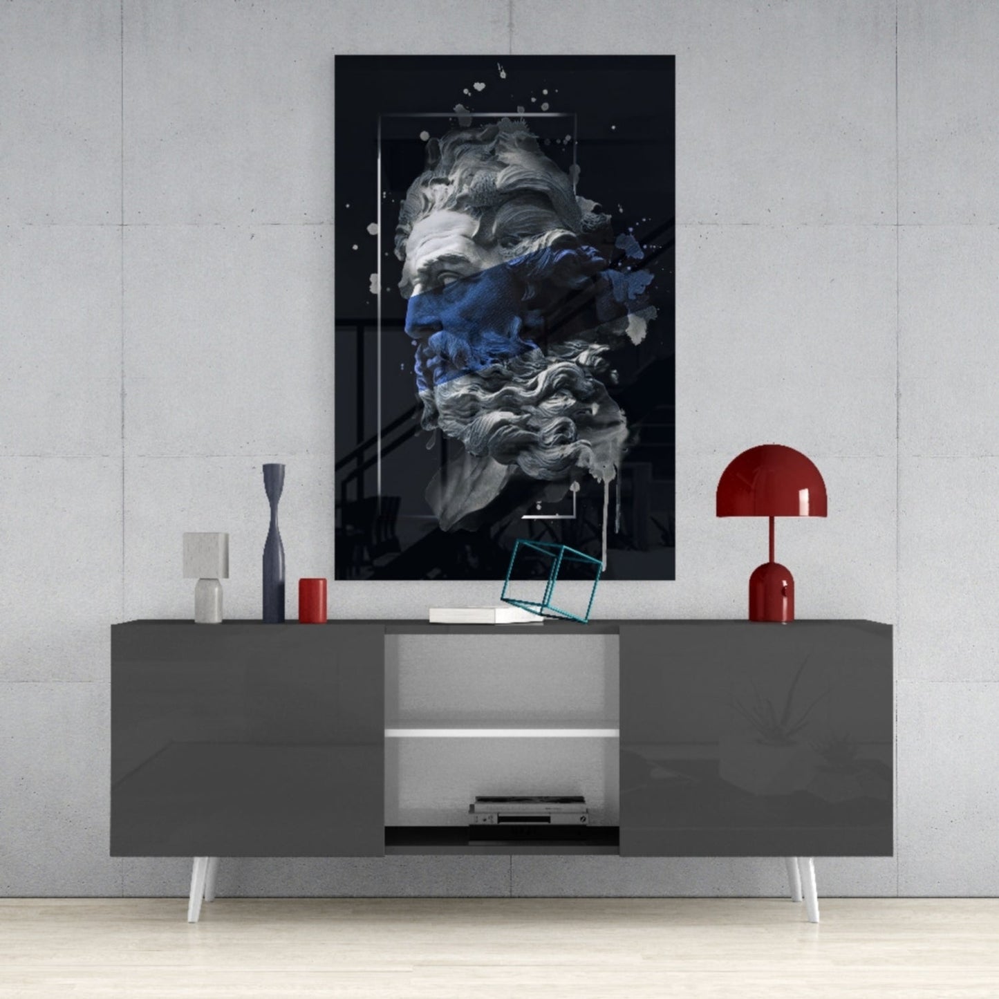 Navy Blue Paint Stripe Poseidon Bust Glass Wall Art